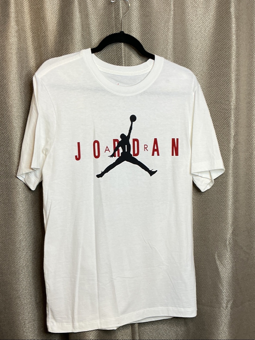 Jordan White Short Sleeve Tee with Black Jumpman and Red Lettering